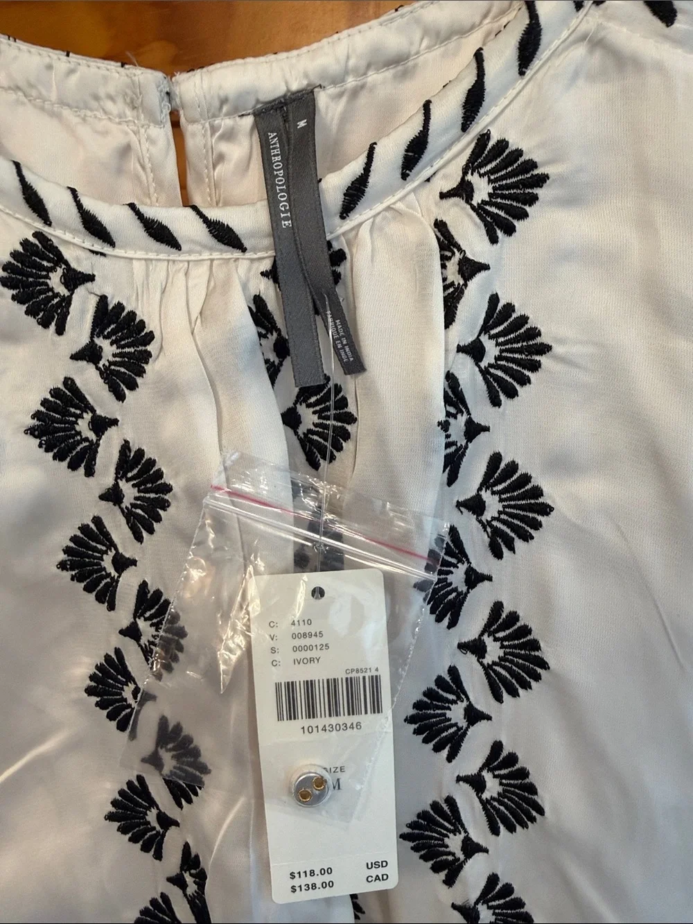 Anthropologie Silk White Peasant Blouse with Black Embroidery